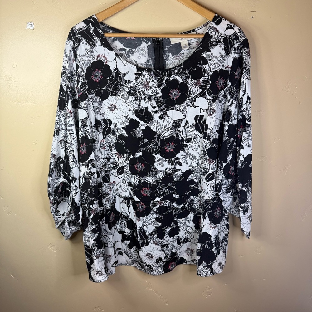 Sejour Women Top Tunic Blouse Shirt Size 22W Poppy Floral Zip Back LS‎ Rayon
